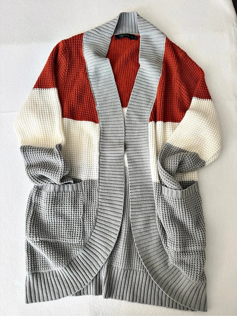 ZESICA Colorblock Waffle Knit Open Front Cardigan Gray & Orange Large